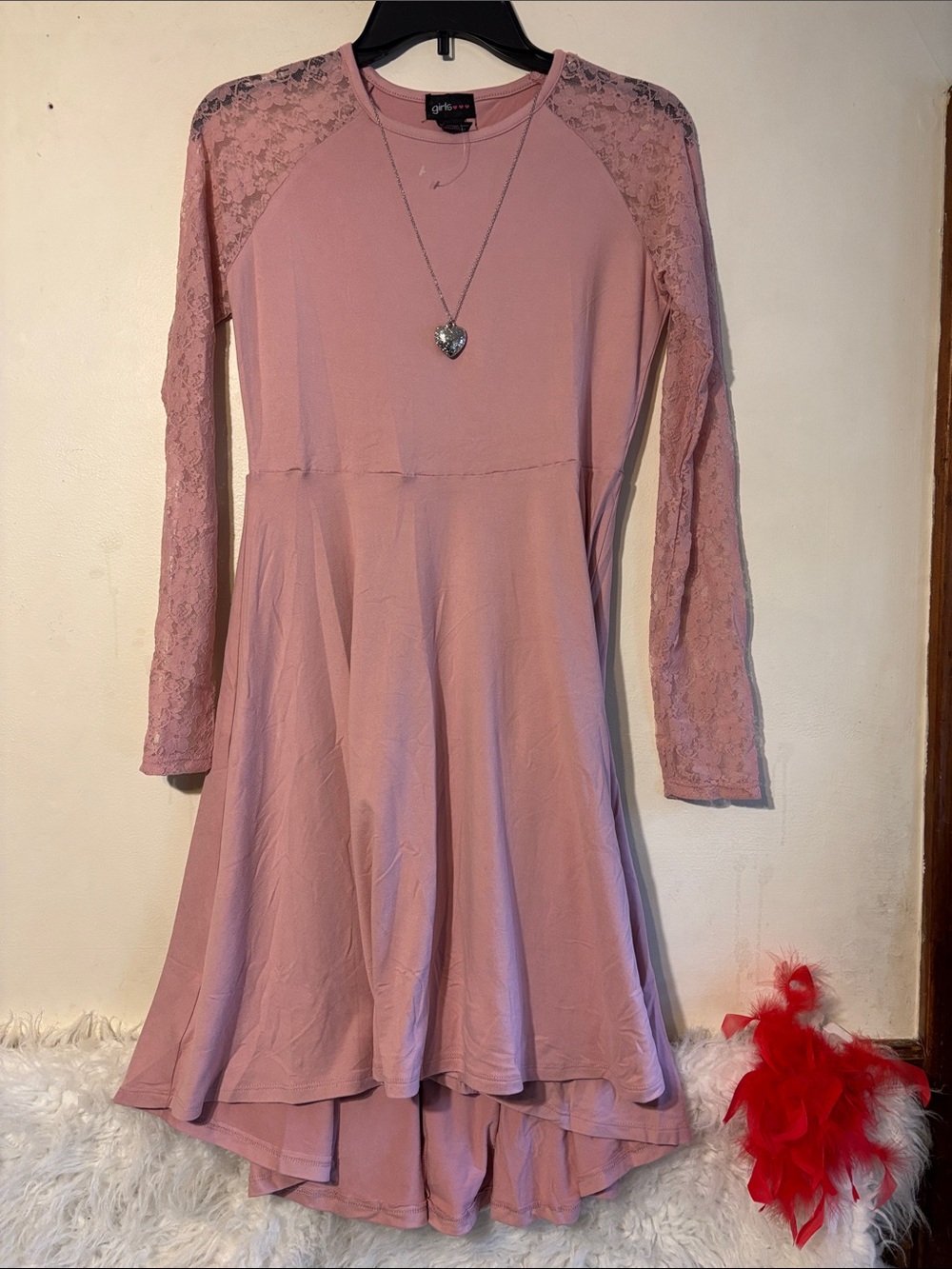 The Girls Dusty Rose Lace-Sleeve High-Low Casual Dress